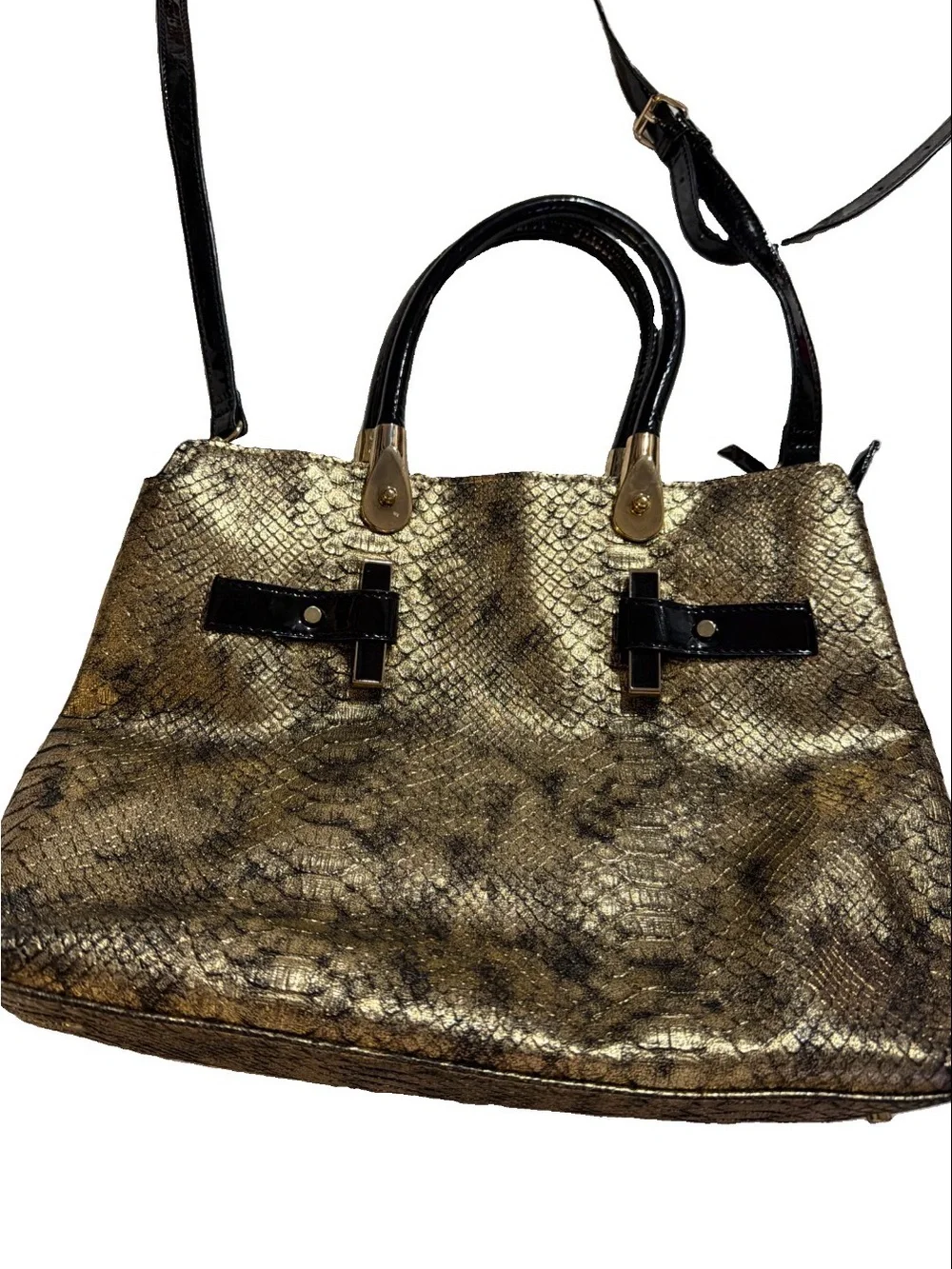 Gianni Bini Gold Snake-Texture Satchel Handbag with Black Accents
